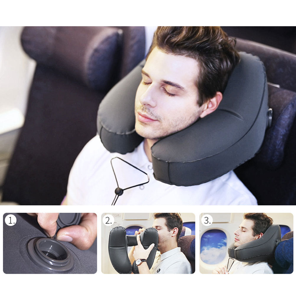 Hooded Inflatable Travel Pillow | H-Shaped Neck Pillow for Airplane & Car