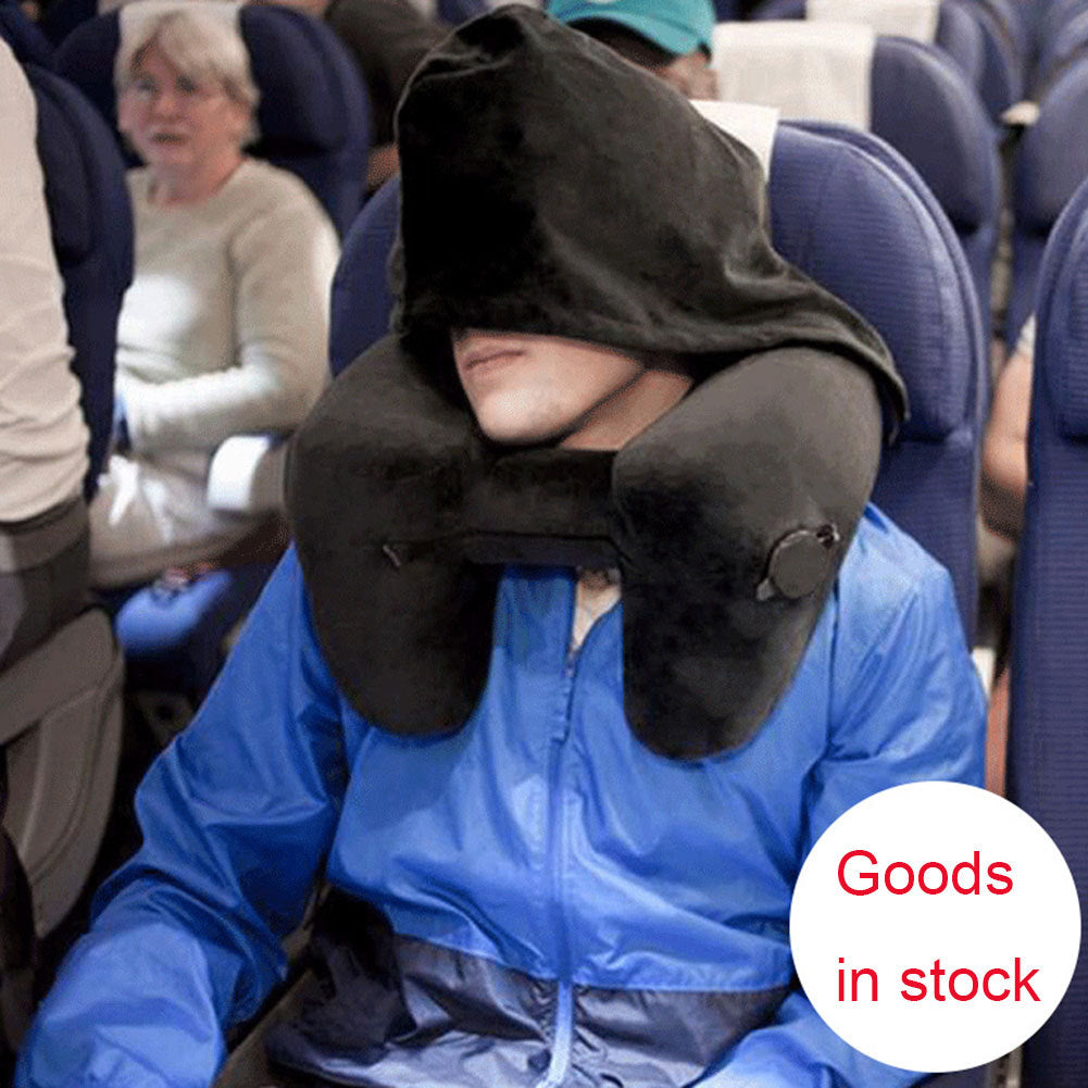 Hooded Inflatable Travel Pillow | H-Shaped Neck Pillow for Airplane & Car