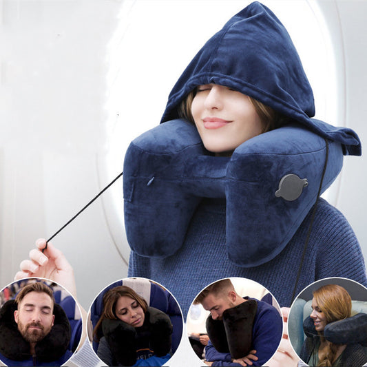 Hooded Inflatable Travel Pillow | H-Shaped Neck Pillow for Airplane & Car